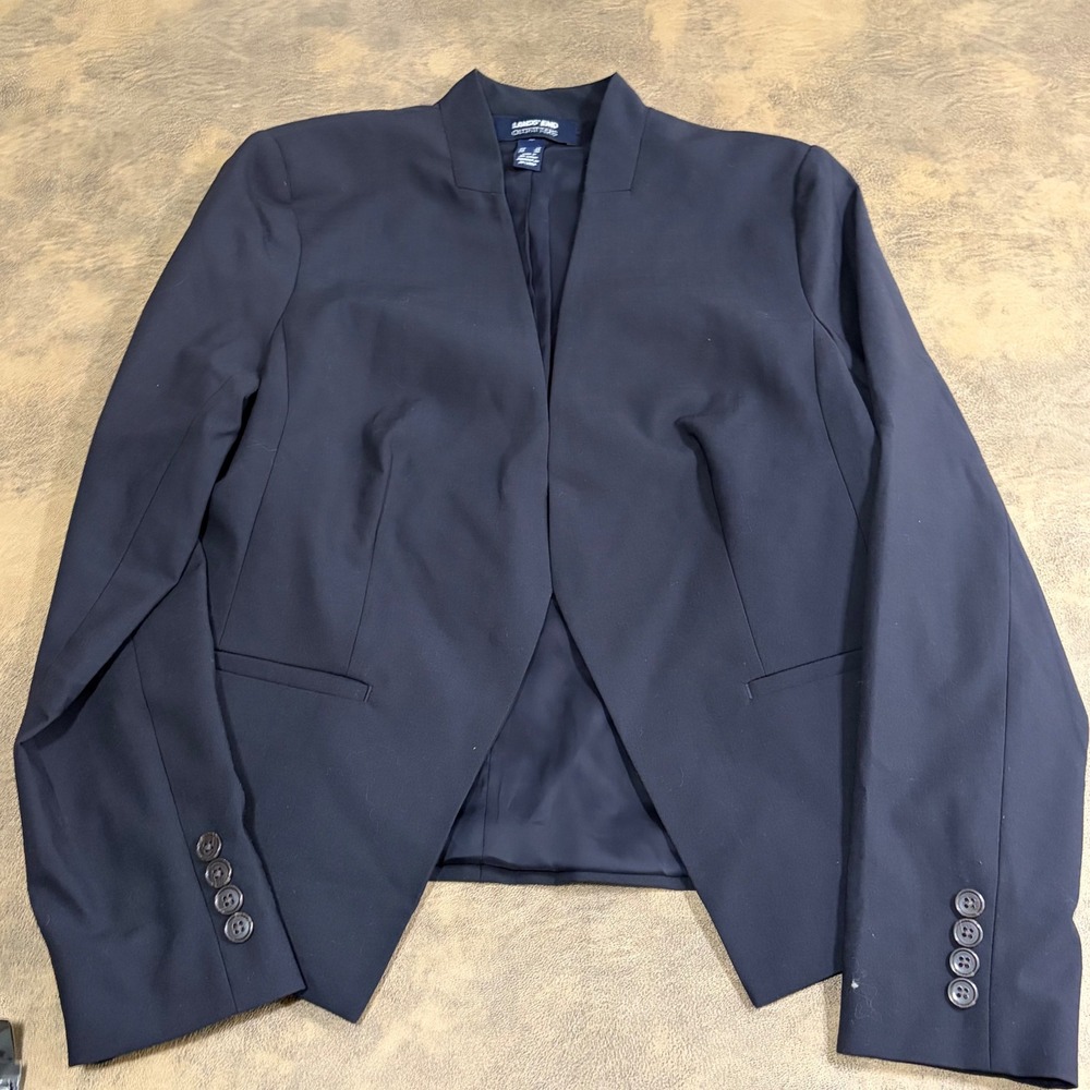 Lands End Blazer Womens 10 Navy Blue Wool Blend Open Front Stand Collar 499802